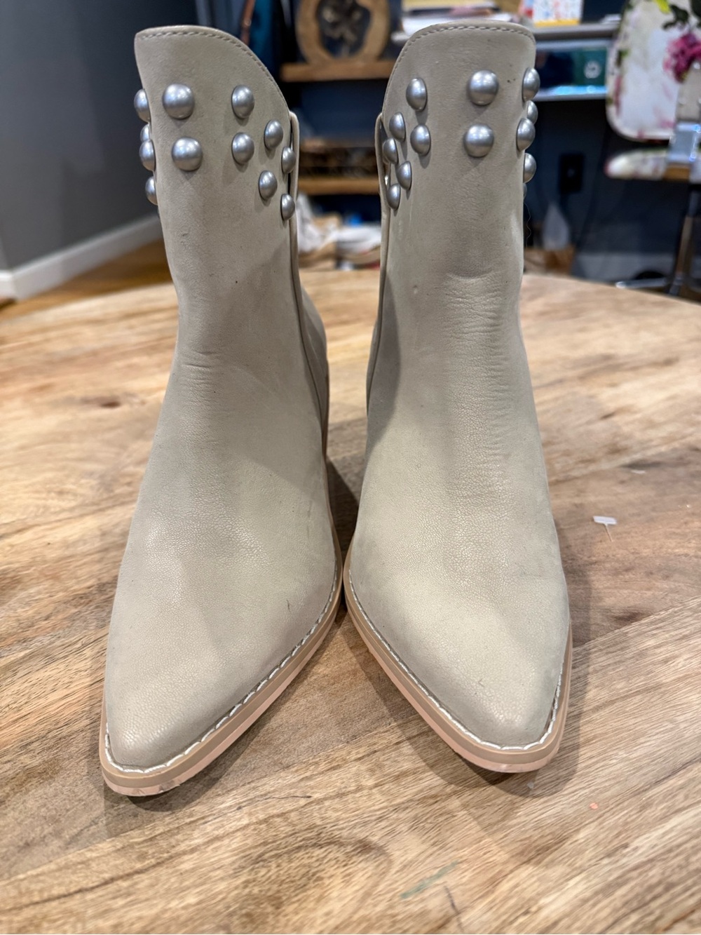 Oasis Society Pointed-Toe Studded Ankle Boots in Light Taupe